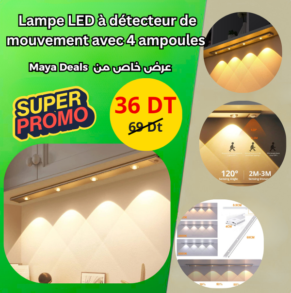 Lampe LED à détecteur de mouvement avec 4 ampoules rechargeable USB